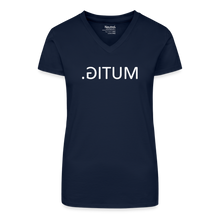 Lade das Bild in den Galerie-Viewer, T-Shirt mit V-Ausschnitt MUTIG Spiegelschrift II - Dunkelblau
