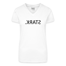 Lade das Bild in den Galerie-Viewer, T-Shirt mit V-Ausschnitt - STARK. Spiegelschrift - Weiß