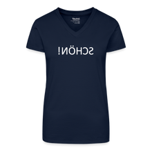 Lade das Bild in den Galerie-Viewer, T-Shirt mit V-Ausschnitt SCHÖN Spiegelschrift II - Dunkelblau
